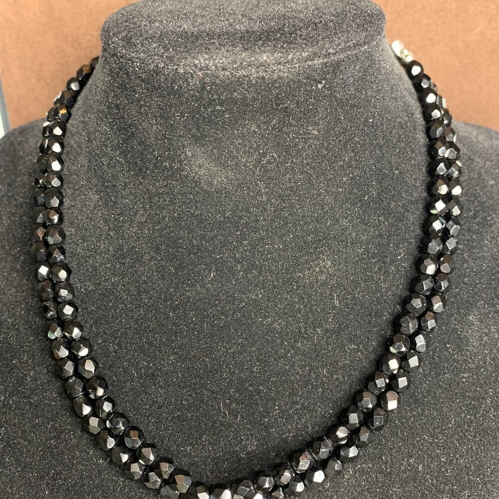 Double strand Black Crystal Necklace, in Silver tone, Vintage